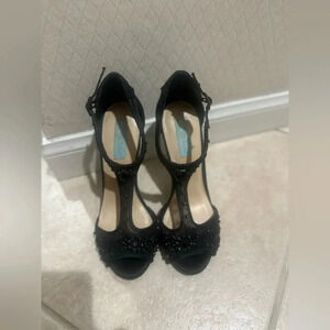 Blue Betsey Johnson Black SB- Holly Heels Satin‎ Beaded T-Strap Heels. Size 8.5